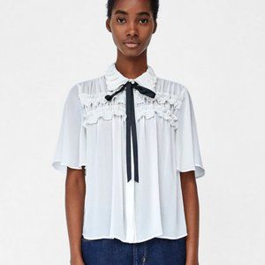 NWT Zara Ruffle Ribbon Blouse - White - Small